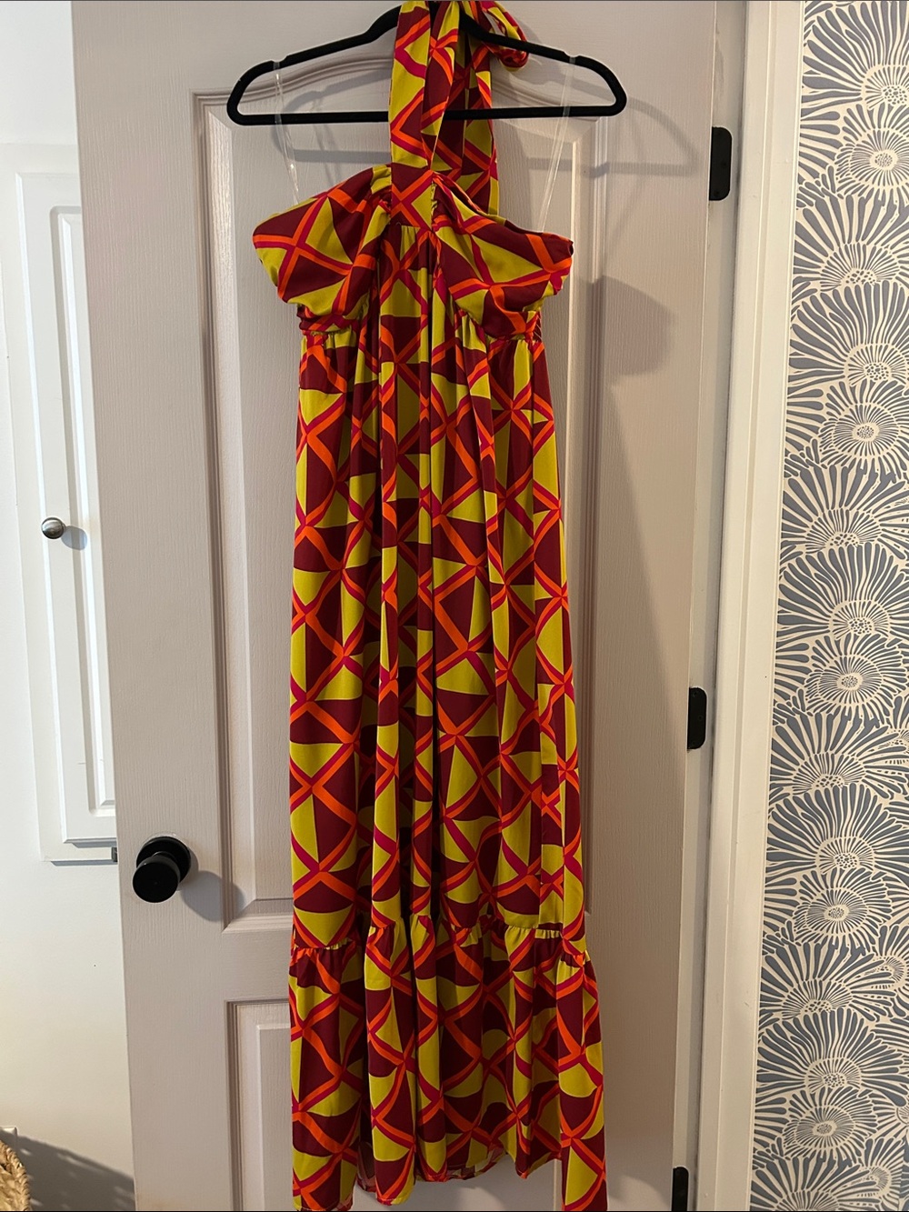 entro Red and Yellow Geometric Halter Maxi Dress